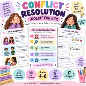 Puede incluir: Un kit de herramientas de resolución de conflictos para niños en PDF imprimible que incluye tres hojas de trabajo educativas con ilustraciones de niños, guías paso a paso para resolver problemas, habilidades sociales y actividades SEL para grados 4-6.