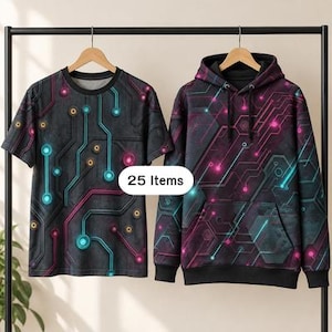 Peut inclure: Un t-shirt à manches courtes et un sweat à capuche à manches longues suspendus sur des cintres en bois. Les deux vêtements présentent un fond gris foncé avec un motif de circuit imprimé numérique en bleu, rose et jaune néon. Le texte 25 Items est visible.