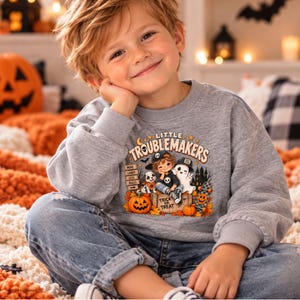 Little Troublemakers Halloween Sweatshirt, Boys Halloween Ghost Pumpkin Crewneck, Toddler Halloween Sweatshirt (2T–7T)
