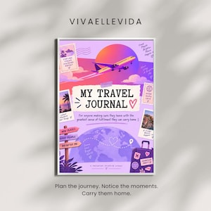 May include: A travel journal cover featuring a purple and orange gradient background with an airplane, a globe, and a suitcase. The text reads MY TRAVEL JOURNAL, VIVAELLEVIDA, and various travel-themed phrases like Explore Dream Discover Repeat.