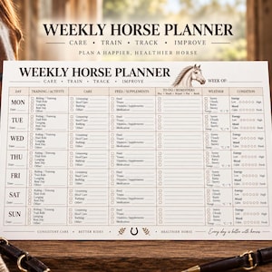 May include: A weekly horse planner document featuring sections for training, care, feed, supplements, to-do reminders, weather, and condition for each day of the week. The document includes the text Weekly Horse Planner, Care, Train, Track, Improve, and a small horse illustration at the top. The layout is organised in a grid format with checkboxes and lines for daily entries.