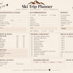 Puede incluir: Un planificador de viajes de esquí en color beige con secciones para destino, fechas, alojamiento, presupuesto, alquiler de equipo, lista de equipaje, comidas y clima. Tres fotos muestran montañas, una cabaña y copas de vino.