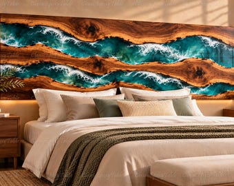 Ocean Wave Epoxy Resin Wall Art, Large Wooden Headboard Art, Turquoise Blue Coastal Wall Decor Turquoise Blue Seascape Bedroom Decor