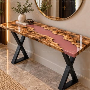 Blush Pink Epoxy River Console Table, Burl Wood Resin Table Custom Live Edge Hallway Table Entryway Furniture Pink Epoxy Resin Console Table