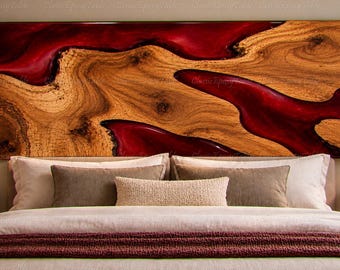 Burl Wood Burgundy Red Resin Headboard Unique Wooden Bed Modern Bedroom Décor Handmade Wood Red Resin Headboard Live Edge Wood Headboard