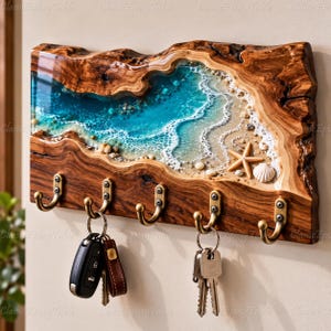 Könnte beinhalten: Ein rechteckiger Wand-Schlüsselhalter aus Naturholz mit Baumkante, der eine Harzeinlage mit einer türkisfarbenen Meeresküste, weißem Schaum, Sand, Muscheln und einem Seestern zeigt. Er verfügt über fünf messingfarbene Metallhaken.