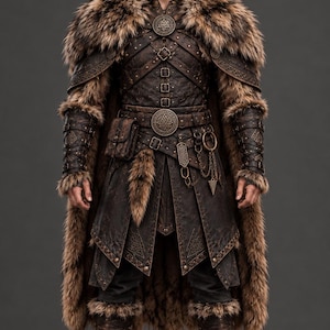 May include: A dark brown leather tunic and trousers set featuring intricate embossed patterns, metal buckles, and circular medallions. The outfit includes a thick, textured faux fur cape, matching fur-trimmed arm bracers, and tall leather boots.