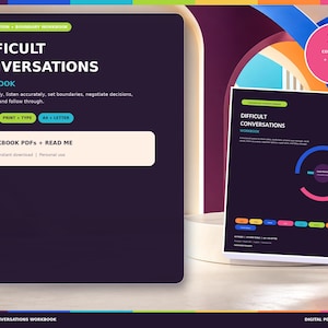 May include: A digital workbook titled Difficult Conversations with a dark purple cover, featuring white text, a pink circle graphic, and colorful rectangular buttons. The workbook includes 64 pages, 14 core tools, 8 phases, and is available in A4 and Letter sizes.