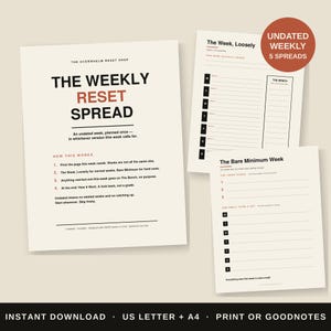 May include: A set of three printable planner pages with cream backgrounds and black and terracotta text. The pages are titled The Weekly Reset Spread, The Week, Loosely, and The Bare Minimum Week, featuring lists, daily trackers, and instructions.