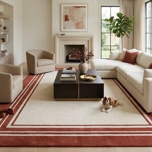 Terracotta Ivory Area Rug, Hand Tufted Border Rug, Rust Red Geometric Rug, Modern Living Room Carpet, Neutral Wool Rug, Rectangular Area Rug