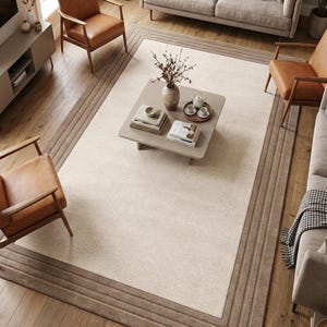Ivory Beige Area Rug, Hand Tufted Wool Rug, Modern Border Rug, Neutral Living Room Carpet, Minimalist Luxury Rug, Taupe Rectangular Rug