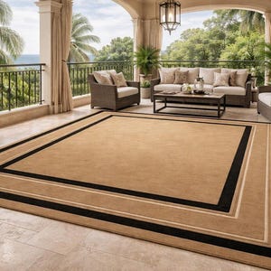 Beige Black Border Rug, Hand Tufted Area Rug, Modern Geometric Carpet, Luxury Neutral Rug, Minimalist Living Room Rug, Rectangular Rug