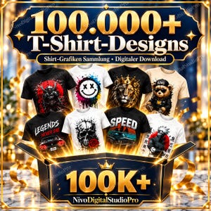 Könnte beinhalten: Eine digitale Sammlung von über 100.000 T-Shirt-Designs mit verschiedenen grafischen Drucken auf schwarzen und weißen T-Shirts, darunter ein Samurai, ein Smiley, ein Löwe, ein Teddybär, ein Auto, ein Totenkopf mit Rose und eine Anime-Figur.