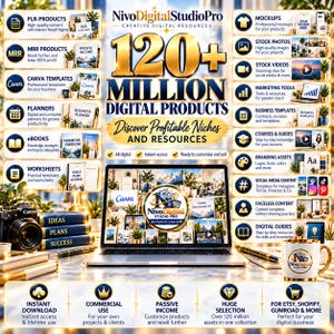 May include: A digital marketing resource bundle advertisement titled NivoDigitalStudioPro 120+ Million Digital Products. The image displays a laptop, a camera, a branded mug, and lists categories like PLR products, mockups, and templates.