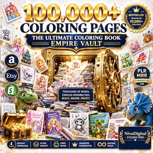 以下が含まれることがあります： 100,000+ Coloring Pages The Ultimate Coloring Book Empire Vaultと題されたデジタルコレクション。金色の金庫に塗り絵本、宝箱、恐竜が描かれています。Amazon、Etsy、Shopifyのロゴが含まれています。