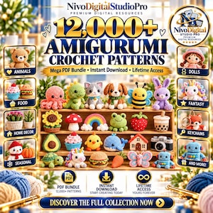 Może przedstawiać: Cyfrowa kolekcja ponad 12 000 wzorów szydełkowych amigurumi z drewnianą półką wypełnioną szydełkowanymi przedmiotami, takimi jak zwierzęta, jedzenie, rośliny i fantastyczne stworzenia. Tekst zawiera NivoDigitalStudioPro, 12 000+ Amigurumi Crochet Patterns, Mega PDF Bundle, Instant Download oraz Lifetime Access.