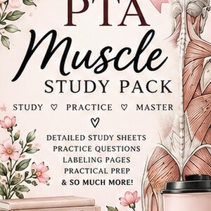 Op de afbeelding: Een PTA Muscle Study Pack educatief hulpmiddel met een anatomische illustratie van de rugspieren, roze bloemaccenten, een roze strik, een stapel boeken met de tekst Knowledge en Confidence en een roze koffiebeker.