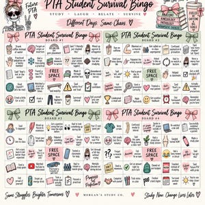 May include: A digital print titled PTA Student Survival Bingo featuring four distinct game boards with various illustrations, text prompts, and icons related to physical therapy studies, including a skeleton, coffee cups, and study-related graphics.