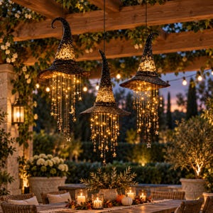 May include: Three black witch hat decorations hanging from a wooden pergola, each featuring a pointed crown and wide brim. Cascading strings of warm white LED lights with small star and moon charms hang from the interior of each hat.