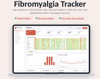 Może przedstawiać: Interfejs aplikacji do śledzenia fibromialgii wyświetlony na ekranie laptopa. Pulpit nawigacyjny zawiera 90-dniową mapę cieplną objawów z czerwonymi, pomarańczowymi i zielonymi kropkami, wykresy słupkowe dla rzutów choroby oraz wykresy trendów.