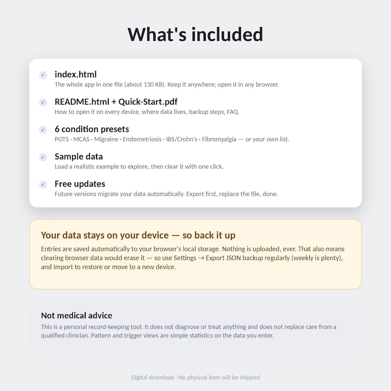 What's included: the single HTML app file, a full README, a one-page Quick-Start PDF, and free updates for life.