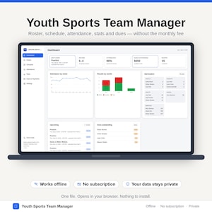Peut inclure: Un écran d'ordinateur affichant le tableau de bord Youth Sports Team Manager, avec des sections pour l'effectif, le calendrier, les présences, les statistiques et les cotisations. L'interface inclut des graphiques, des tableaux et des menus. Le texte indique Works offline, No subscription, Your data stays private.