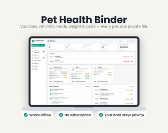 Może przedstawiać: Cyfrowy pulpit nawigacyjny Pet Health Binder wyświetlony na ekranie, zawierający sekcje dotyczące szczepień, wizyt u weterynarza, leków, wagi i kosztów. Interfejs obejmuje profile zwierząt, powiadomienia i nadchodzące zadania, z tekstem Works offline, No subscription oraz Your data stays private.