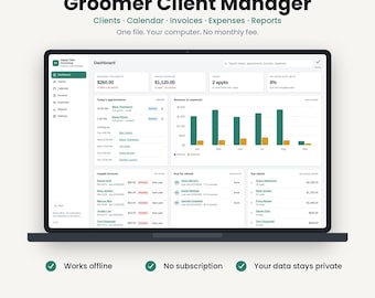 Może przedstawiać: Ekran laptopa z pulpitem nawigacyjnym oprogramowania Groomer Client Manager. Interfejs zawiera menu boczne, statystyki przychodów, wykres słupkowy przychodów i wydatków, listę wizyt, nieopłacone faktury oraz zestawienie najlepszych klientów.