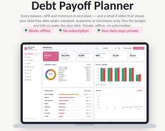 Może przedstawiać: Interfejs aplikacji Debt Payoff Planner wyświetlony na ekranie laptopa. Pulpit nawigacyjny zawiera dane finansowe, w tym całkowite zadłużenie w wysokości 38 573 USD, datę spłaty długu we wrześniu 2031 r., kategorie wydatków oraz wykresy dochodów i wydatków.