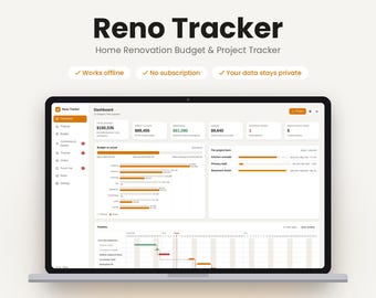 Może przedstawiać: Ekran laptopa wyświetlający pulpit nawigacyjny Reno Tracker do śledzenia budżetu i projektów remontowych. Interfejs zawiera wizualizacje danych, harmonogramy projektów oraz podsumowania finansowe dla prac remontowych.