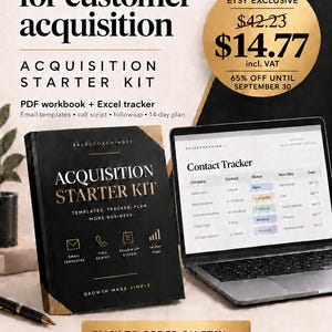 Puede incluir: Un anuncio de producto de marketing digital que muestra un libro de trabajo negro titulado Acquisition Starter Kit y una computadora portátil con una hoja de cálculo de seguimiento de contactos, plantillas y un plan.