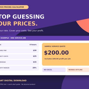 May include: A digital service pricing calculator tool featuring a purple background with the text STOP GUESSING YOUR PRICES. The interface displays a live example of a service job with fields for time, hourly pay, costs, and a sample quote of $200.00.
