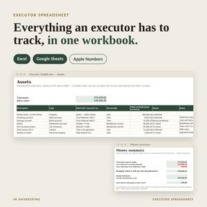 May include: An executor spreadsheet digital workbook compatible with Excel, Google Sheets, and Apple Numbers. The interface displays an Assets table with columns for description, type, account, ownership, value, status, and notes, plus a Money summary.