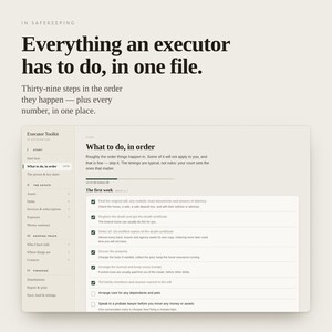 Lista di controllo per l'esecutore testamentario e organizzatore di successioni - Strumento di monitoraggio di beni, debiti e scadenze / App offline, senza abbonamento / Download immediato