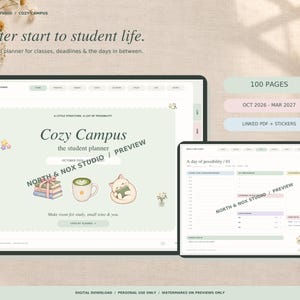 Könnte beinhalten: Ein digitaler Planer mit dem Titel Cozy Campus und einer hellgrünen Benutzeroberfläche, illustriert mit gestapelten Büchern, einer Kaffeetasse und einer Katze. Der Planer umfasst 100 Seiten, reicht von Oktober 2026 bis März 2027 und ist als PDF.
