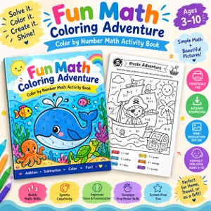 以下が含まれることがあります： 青いクジラ、オレンジ色のタコ、緑色のカメが描かれた「Fun Math Coloring Adventure」の数字塗り絵算数アクティビティブックと、計算問題が載った白黒の海賊アドベンチャーのページ。