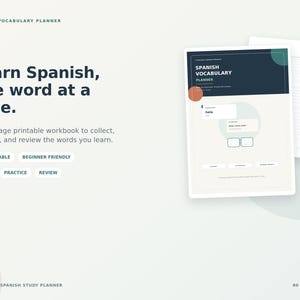 May include: A Spanish Vocabulary Planner workbook featuring a dark blue header with white text, a cream-colored page with a central circle graphic, and a secondary page with lined sections. The text reads Learn Spanish, one word at a time.