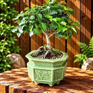 May include: A small bonsai tree with vibrant green leaves and a light-colored trunk, planted in a hexagonal, light green ceramic pot. The pot features embossed floral patterns and a geometric border design, resting on a textured wooden surface.