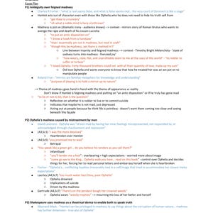 Op de afbeelding: Een document getiteld THEMES met een essayplan over waanzin in Hamlet. Het schetst punten over de ambiguïteit van geveinsde waanzin, Ophelia's waanzin veroorzaakt door mishandeling en Shakespeare's gebruik van waanzin als theatrale techniek.