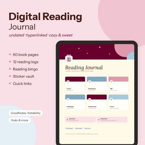 Könnte beinhalten: Ein digitales Lesejournal auf einem Tablet-Bildschirm mit hellrosa Hintergrund. Die Benutzeroberfläche enthält Abschnitte für eine Bibliothek, Leseprotokolle, TBR, Herausforderungen, Ziele und Statistiken. Der Text umfasst Digital Reading Journal, 60 book pages, 12 reading logs, Reading bingo, Sticker vault, Quick links, GoodNotes, Notability und Xodo.