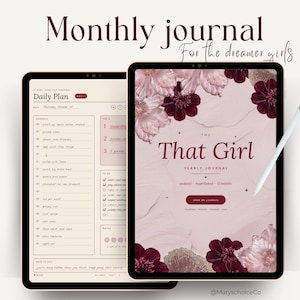 May include: Two digital tablets displaying a monthly journal and a yearly journal titled The That Girl. The screens feature a cream and pink color palette with dark red floral accents, daily planning schedules, to-do lists, and a stylus pen.