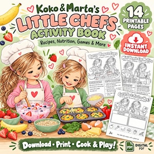 Peut inclure: Un livre d'activités numérique intitulé Koko & Marta's Little Chefs Activity Book comprenant 14 pages imprimables. La couverture montre deux enfants en toque de chef cuisinant des baies, des bananes et des muffins, avec des fiches recettes.