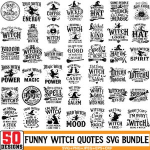 Op de afbeelding: Een verzameling van 50 zwart-wit grafische ontwerpen met heksenthema-citaten en illustraties van hoeden, bezems en ketels. De tekst bevat zinnen zoals Wild Witch Energy, Hocus Pocus en Witchy with a chance of sarcasm.