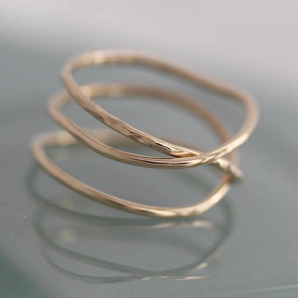 Gold Wrap Ring 14k Solid Gold Hammered and Smooth Organic Rustic 3 Band Stack Rings Eco Friendly Recycled Rose Yellow & White 18k Option