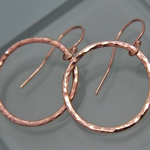 Dangle Hoop Earrings 3/4&quot; Circle Sparkle Earrings Rose Gold Filled Hand Hammered Shiny Finish Yellow Gold Filled or Silver Hoops