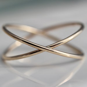 Gold Criss Cross Ring X Double Infinity 14k SOLID Gold Recycled 1mm Thick Band Ring Smooth Shiny Finish Yellow Gold