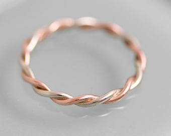 Relaxed Twist Ring Two Tone 14k SOLID Gold 2.6mm Twisted Rope Infinity Band Stacking Ring Mixed Metals Rose Gold and White Gold Shiny