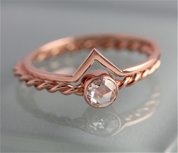 Rose Gold Wedding Set 14k SOLID Gold Rose Cut Moissanite Twist