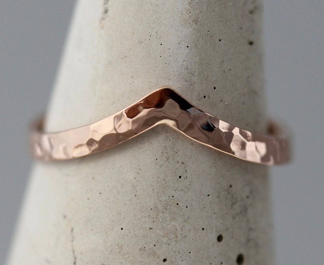 V Ring 14k SOLID Rose Gold 2mm x 1mm Flat Wedding Hammered Nesting Band Chevron Contour Wave Shiny or Brushed Yellow Gold 18k Custom Option