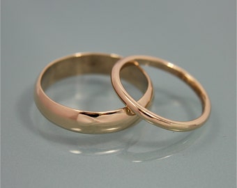 Classic Wedding Set 18k  Solid Yellow Recycled Gold Rings Wedding Bands Half Round 5mm by 1.5mm and 2mm by 1.5mm